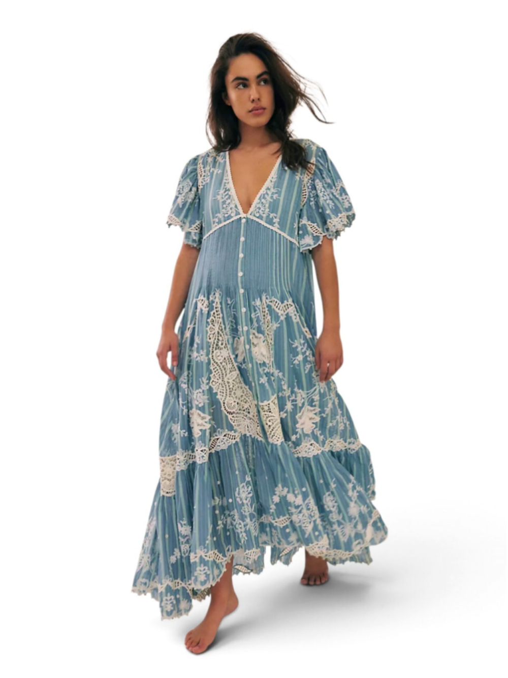 Free People Blue Bonnet Maxi Dress Size XS S Blue White Floral Lace Boho Rare